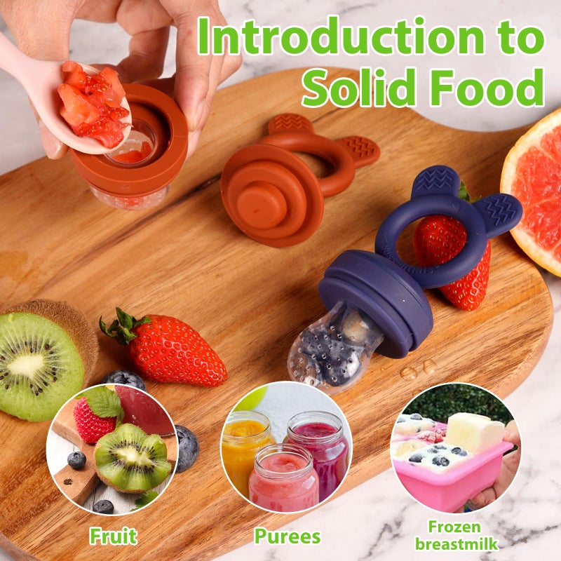 Bessentials Baby Fresh Fruit Food Feeder - 2 Pack Silicone Baby Mesh Feeders for Infant Safe Self Feeding |3 Sizes Food Pouches Included| Suitable for Baby 4m+ (Dark Red & Navy Blue) - Image 3
